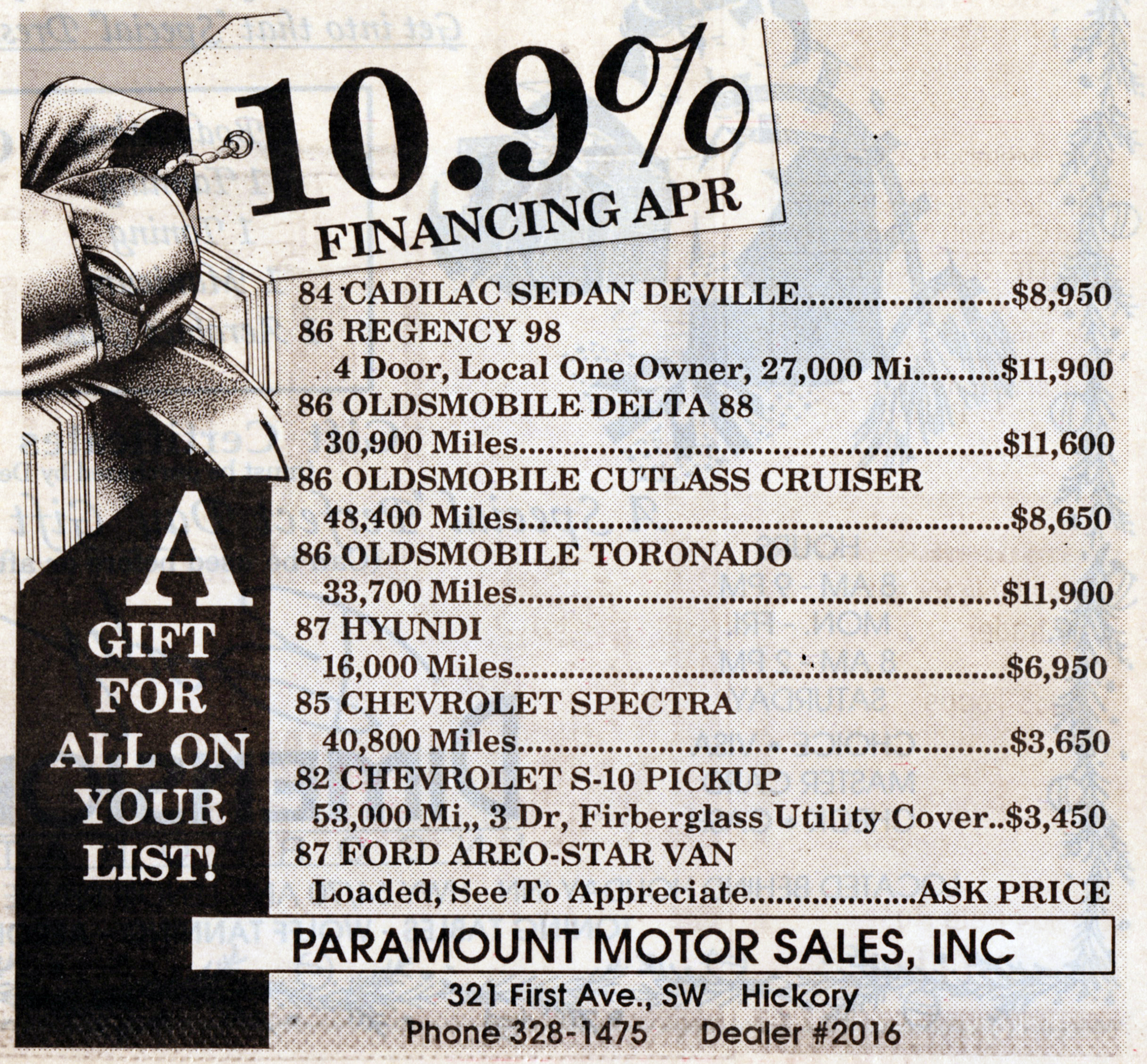 Advertisement for Paramount Motor Sales, Inc. published December 8, 1988.