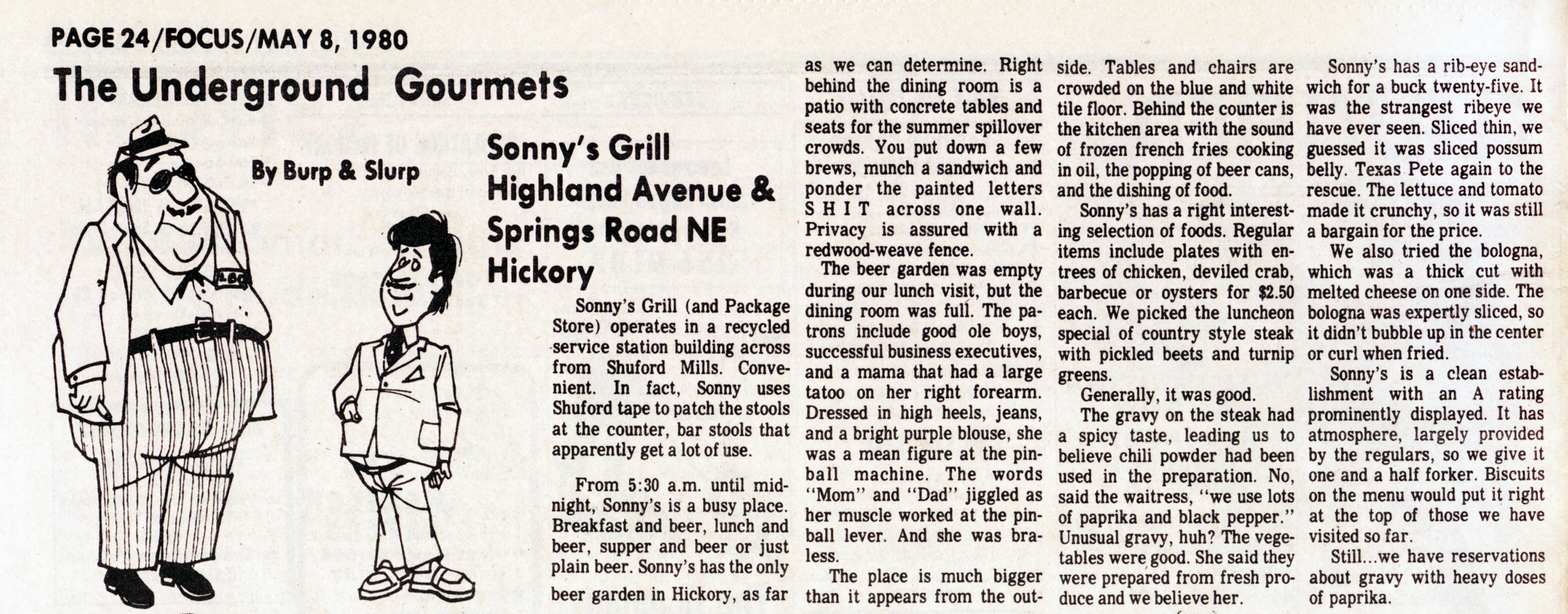 "The Underground Gourmets" Column by Burp & Slurp published May 8, 1980.
