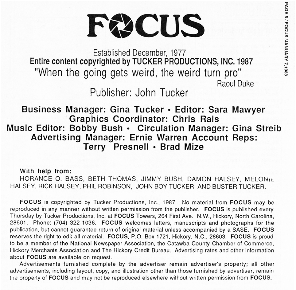 FOCUS Masthead published on January 7, 1988.