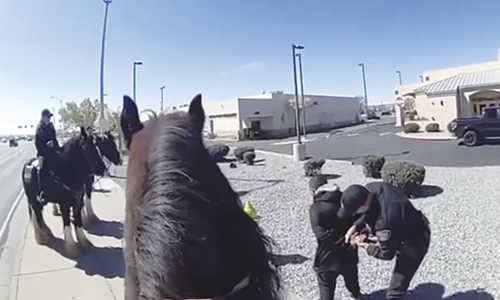 Albuquerque, NM (AP) — Police in New Mexico had all the horsepower in this chase: A shoplifter was detained outside a Walgreens this month after trying to outrun a horse-mounted police officer. Albuquerque police bodycam video shows a dark-brown horse trotting through a parking lot behind a man in black clothing. The horse catches up to him within seconds. “It wasn’t me,” the man yells as he leads the horse and police officer into the street, stopping traffic. The man then finds himself surrounded when two more police officers on horses arrive at the scene, the video shows. One of the officers dismounts from his horse and handcuffs the man, who has been charged with stealing $230 worth of merchandise from the Walgreens, according to the Albuquerque Police Department.