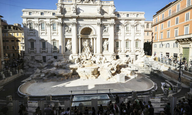 Tourists Toss Coins Over A  Pool As Rome’s Trevi Fountain Undergoes Maintenance