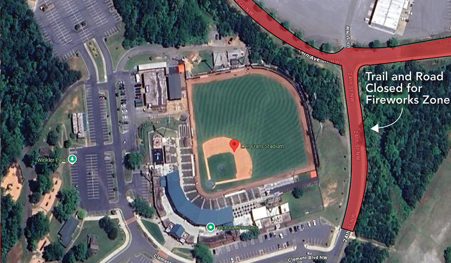Trail, Street Closures For  Hickory Crawdads Fireworks