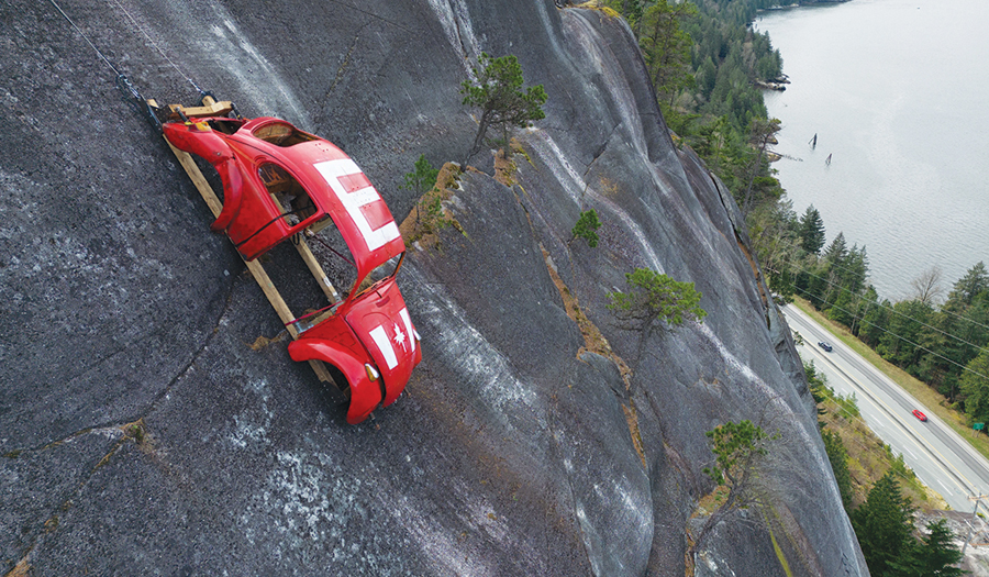 Car Shell Suspended On Rock Face Above British Columbia Highway In Apparent Prank